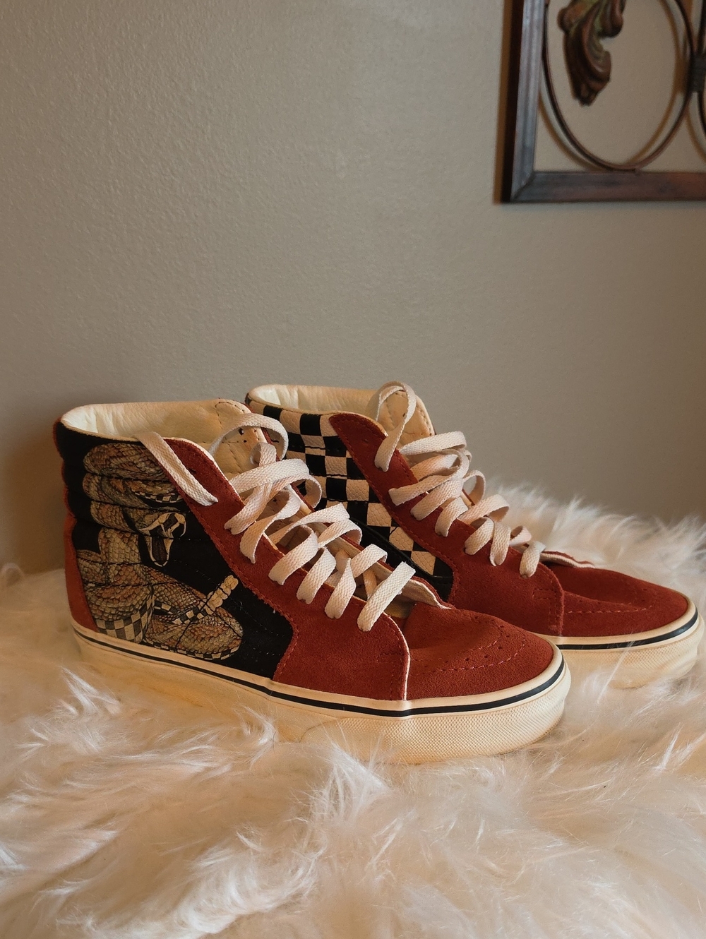 Vans High-Top Suede Skate Sneakers in Rust with Checker and Snake Graphic